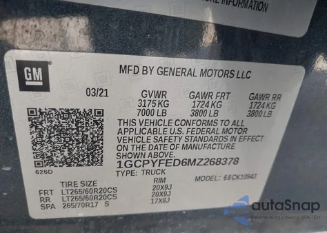 2021 Chevrolet Silverado 1500 from USA, damaged, VIN 1GCPYFED6MZ268378